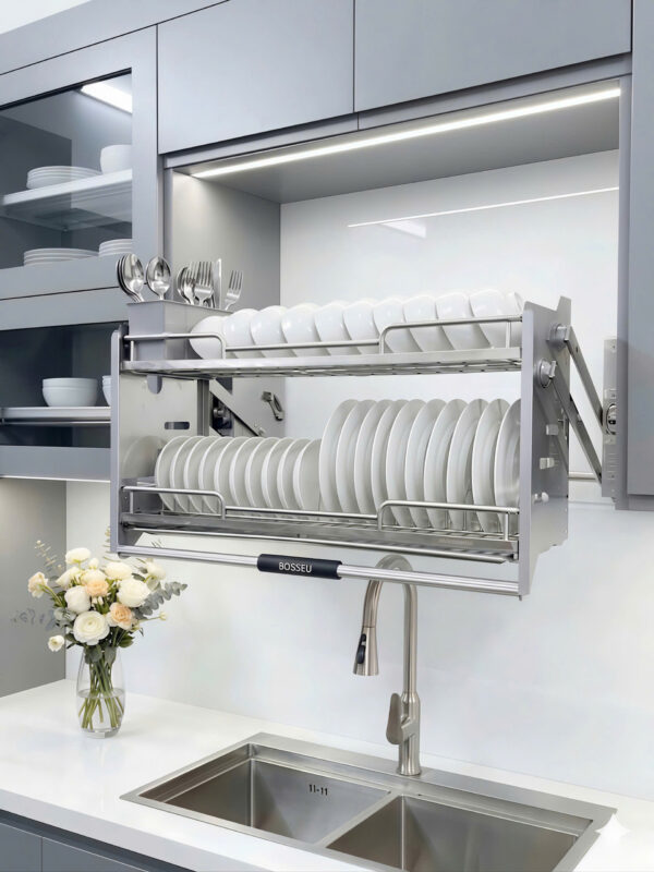BỘ ĐỂ BÁT ĐĨA NÂNG HẠ CƠ INOX 304 SỢI OVAL BOSSEU