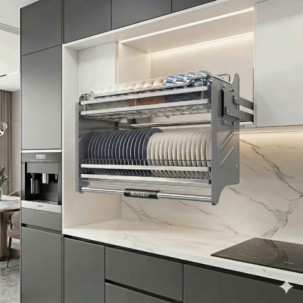 BỘ ĐỂ BÁT ĐĨA NÂNG HẠ INOX MẠ CROM SỢI FLAT BOSSEU