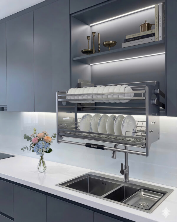 BỘ ĐỂ  BÁT  ĐĨA NÂNG HẠ INOX 304 SỢI FLAT PRO BOSSEU