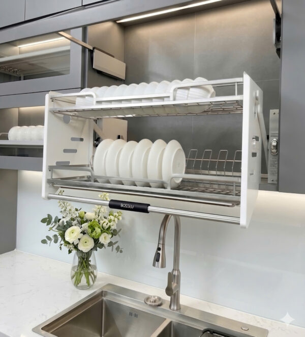 BỘ ĐỂ BÁT ĐĨA NÂNG HẠ CƠ INOX 304 SỢI FLAT BOSSEU
